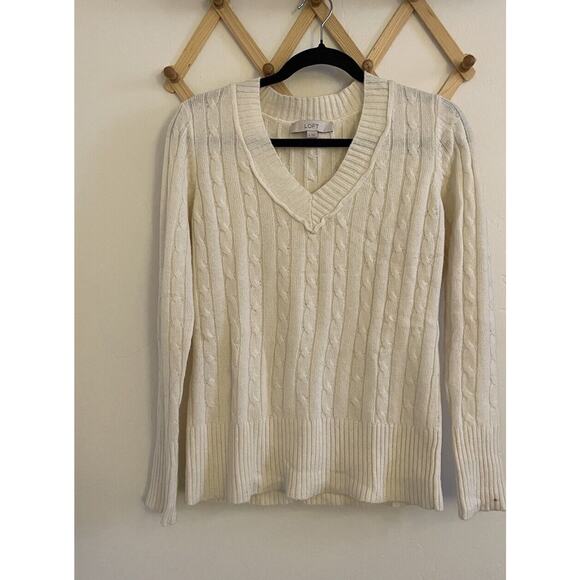 Ann Taylor Sweater Women's Small Cream Wool Blend Knit Long Sleeve V Neck Loft - Picture 2 of 7